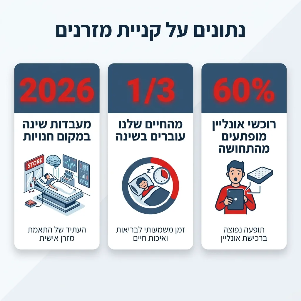 אינפוגרפיקה — נתונים על קניית מזרנים: רוכשי אונליין מופתעים מהתחושה, מהחיים שלנו עוברים בשינה, מעבדות שינה במקום חנויות
