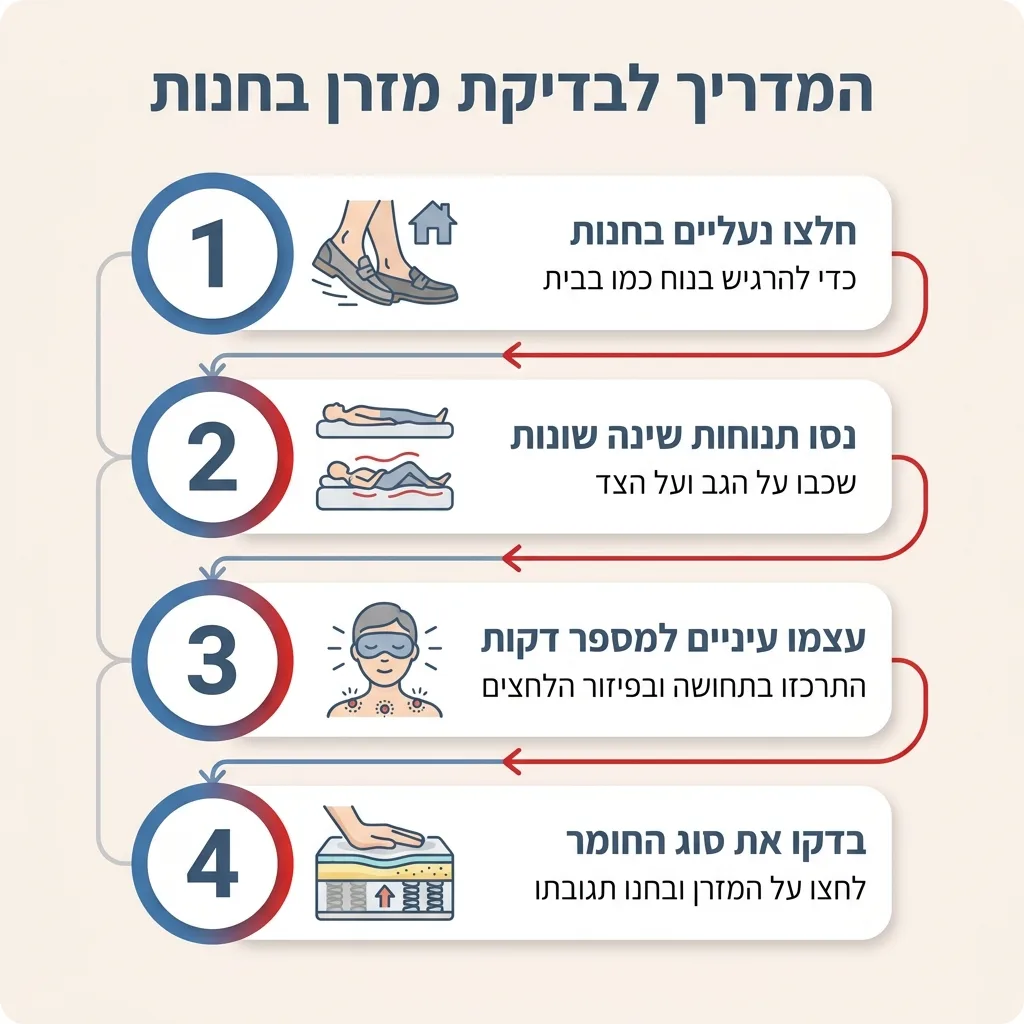אינפוגרפיקה — המדריך לבדיקת מזרן בחנות: חלצו נעליים בחנות, נסו תנוחות שינה שונות, עצמו עיניים למספר דקות, בדקו את סוג החומר