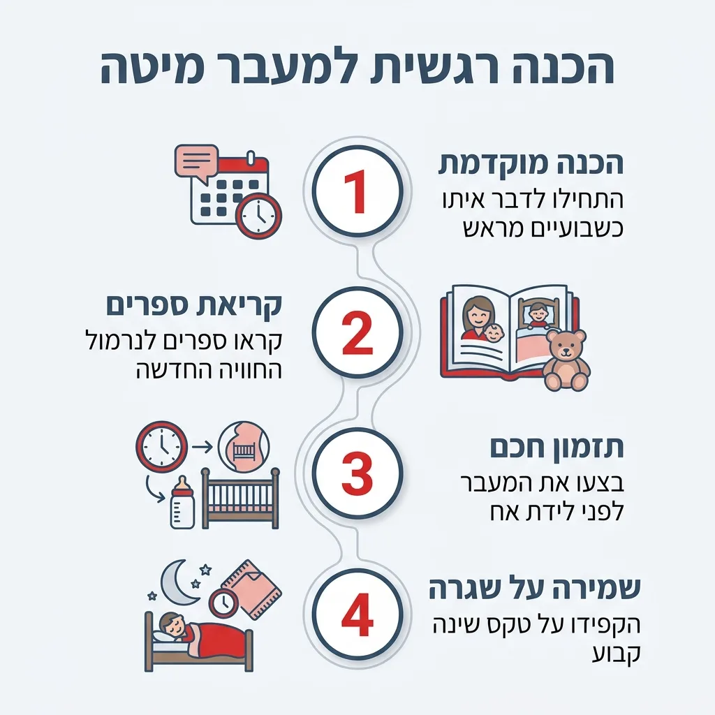 אינפוגרפיקה — הכנה רגשית למעבר מיטה: הכנה מוקדמת, קריאת ספרים, תזמון חכם, שמירה על שגרה