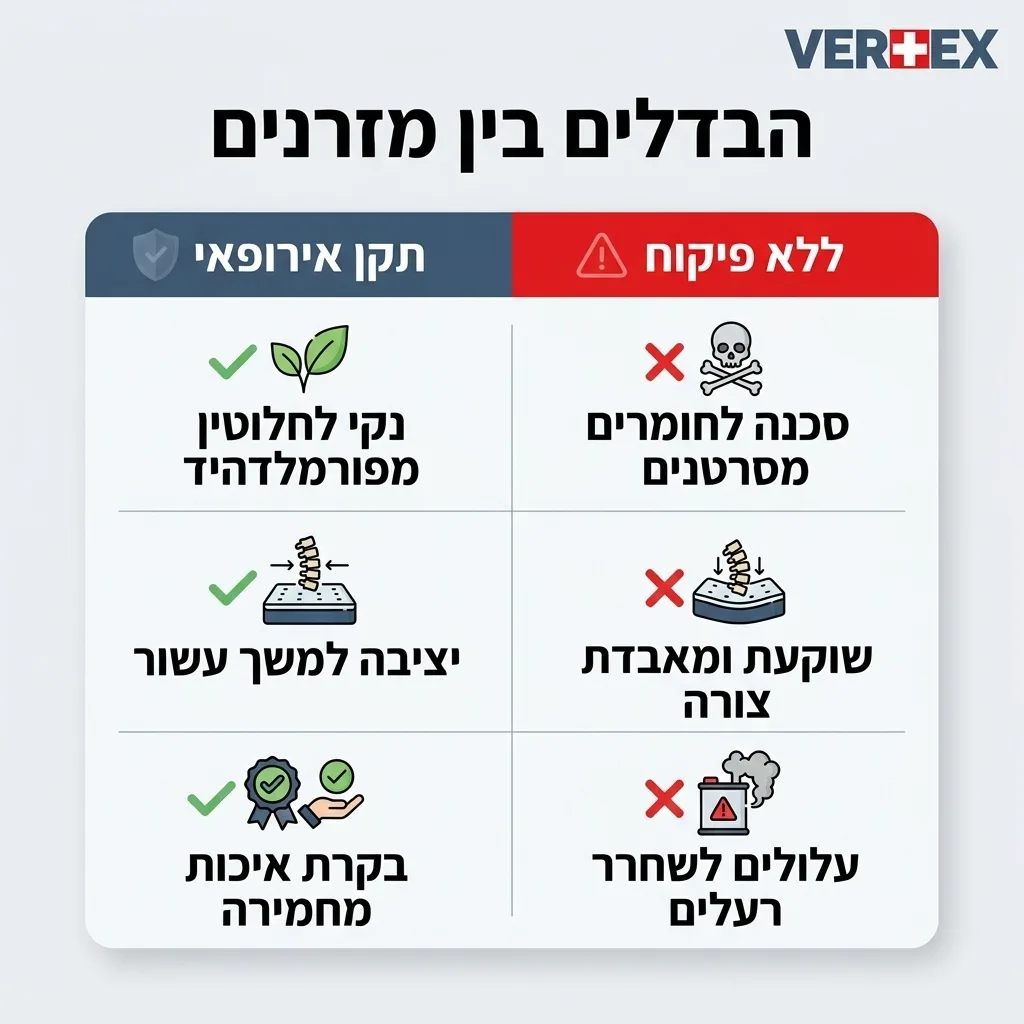 אינפוגרפיקה — הבדלים בין מזרנים: השוואה בין תקן אירופאי, ללא פיקוח
