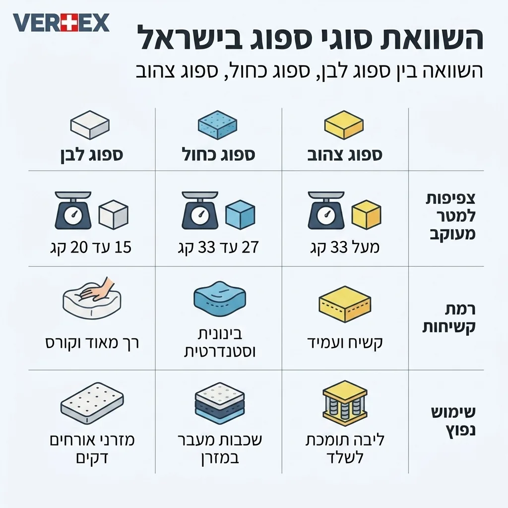 אינפוגרפיקה — השוואת סוגי ספוג בישראל: השוואה בין ספוג לבן, ספוג כחול, ספוג צהוב