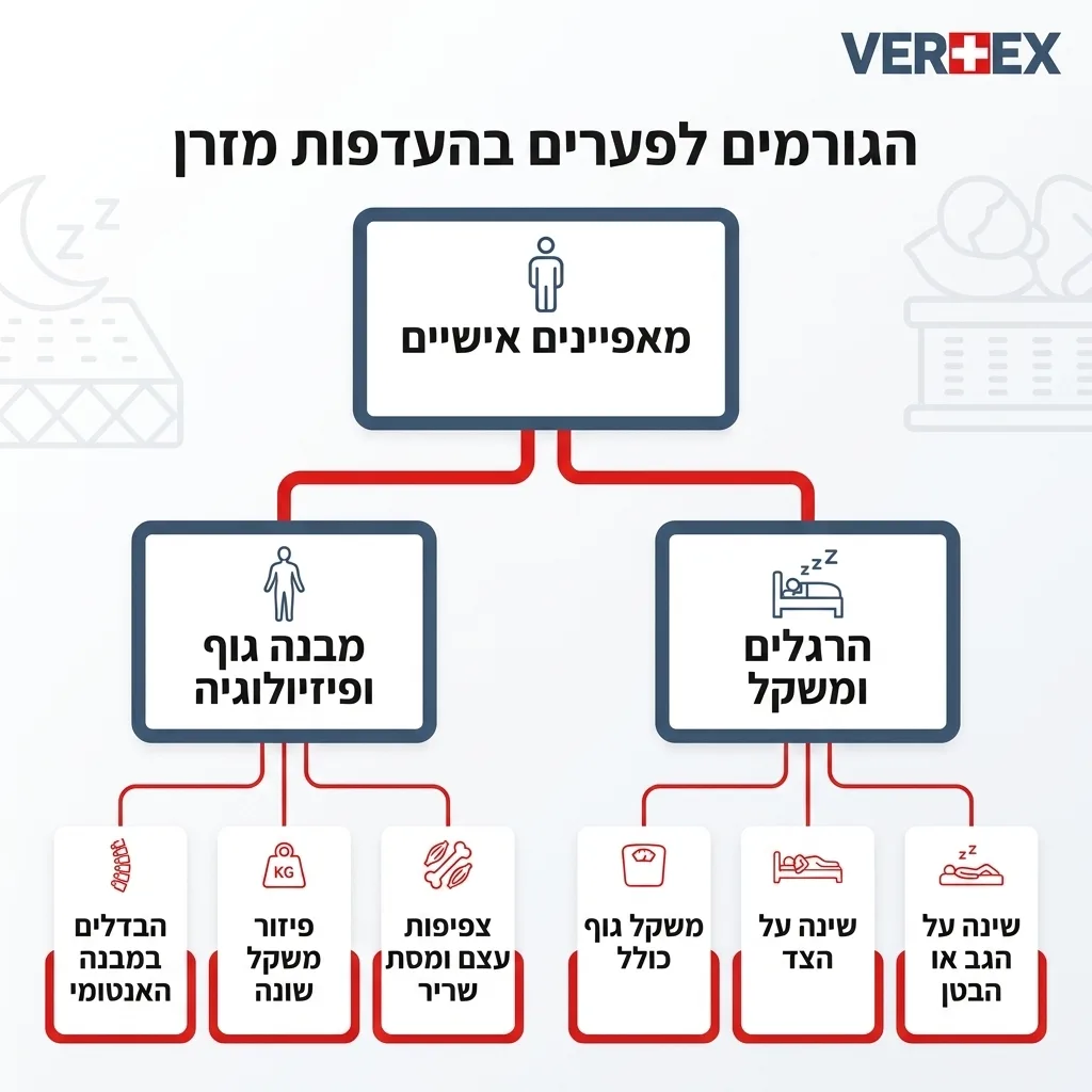 אינפוגרפיקה — הגורמים לפערים בהעדפות מזרן: מאפיינים אישיים