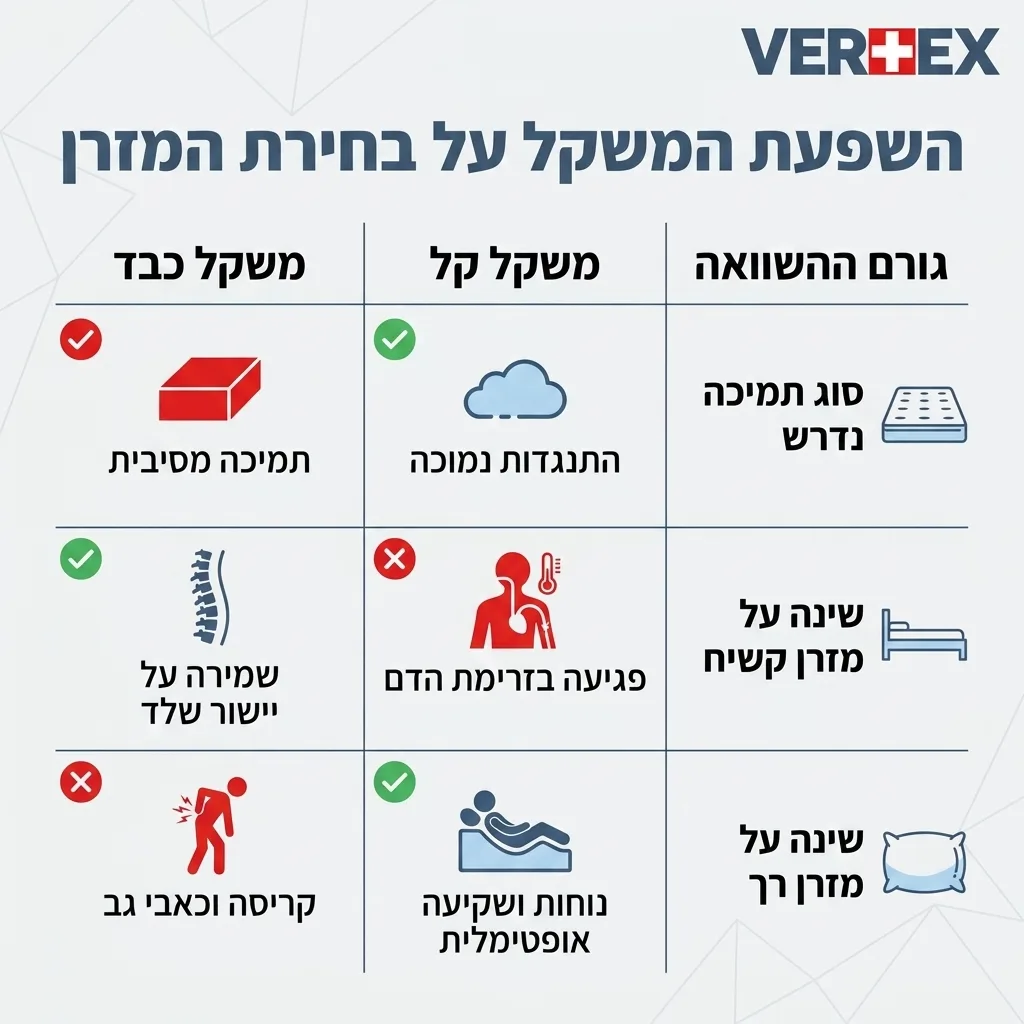 אינפוגרפיקה — השפעת המשקל על בחירת המזרן: השוואה בין משקל קל, משקל כבד