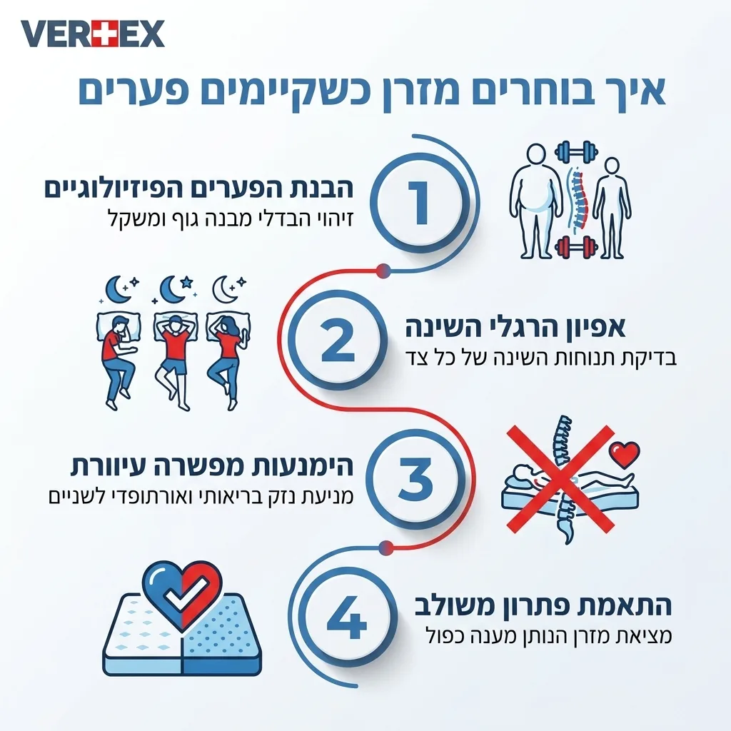 אינפוגרפיקה — איך בוחרים מזרן כשקיימים פערים: הבנת הפערים הפיזיולוגיים, אפיון הרגלי השינה, הימנעות מפשרה עיוורת, התאמת פתרון