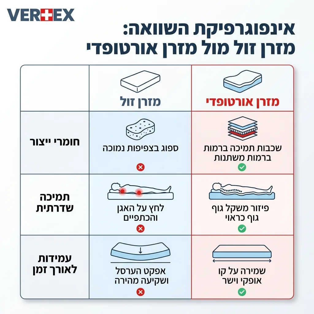 אינפוגרפיקה — מזרן זול מול מזרן אורטופדי: השוואה בין מזרן זול, מזרן אורטופדי