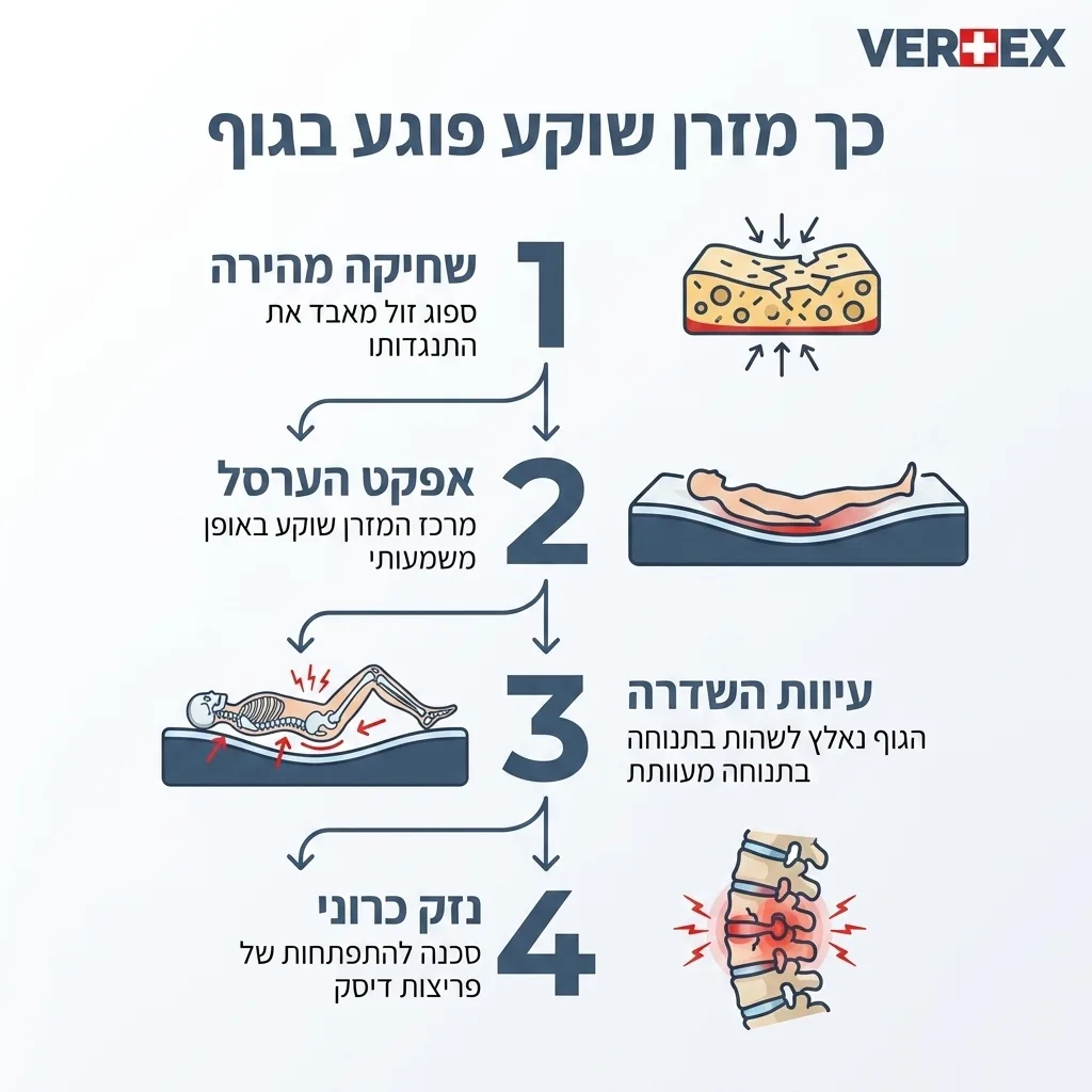 אינפוגרפיקה — כך מזרן שוקע פוגע בגוף: שחיקה מהירה, אפקט הערסל, עיוות השדרה, נזק כרוני