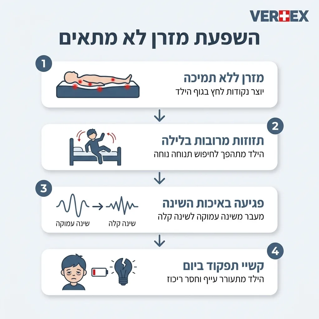 אינפוגרפיקה — השפעת מזרן לא מתאים: מזרן ללא תמיכה, תזוזות מרובות בלילה, פגיעה באיכות השינה, קשיי תפקוד ביום