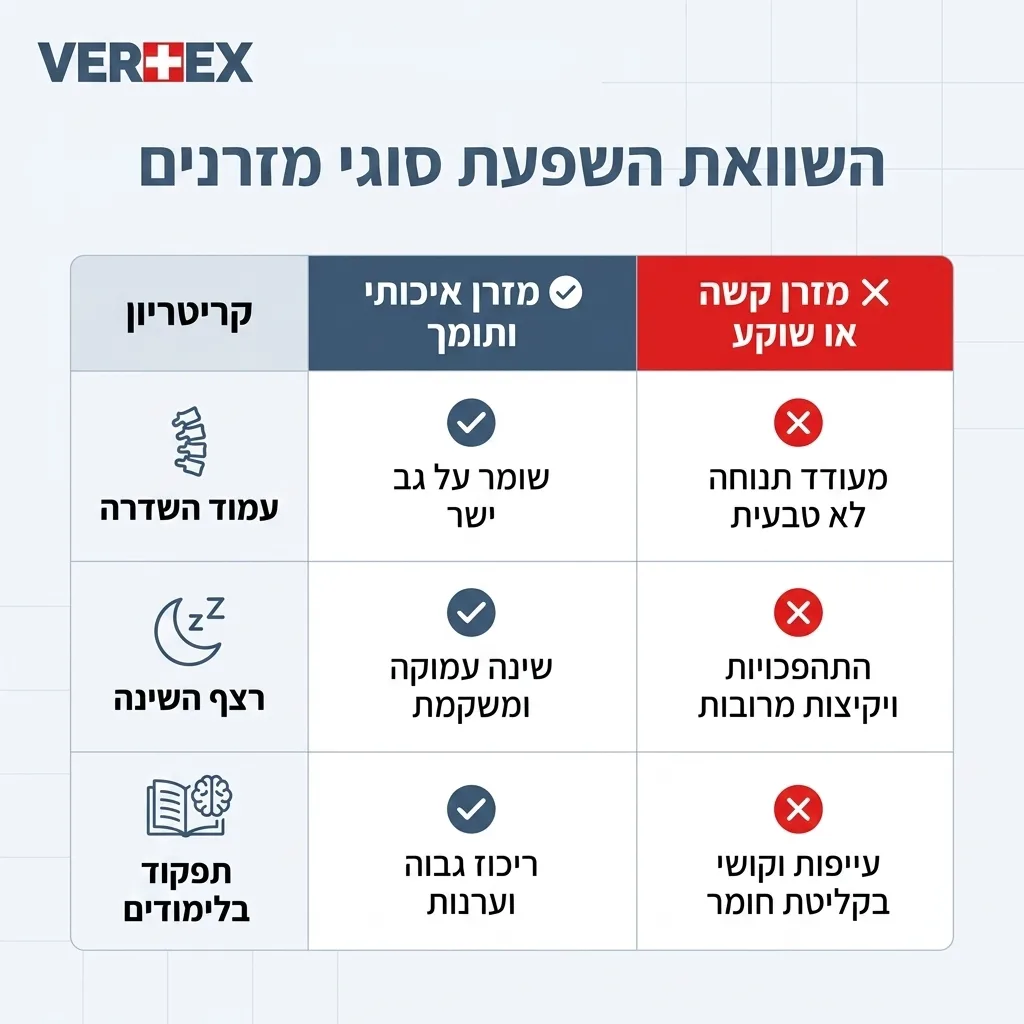אינפוגרפיקה — השוואת השפעת סוגי מזרנים: השוואה בין מזרן איכותי ותומך, מזרן קשה או שוקע