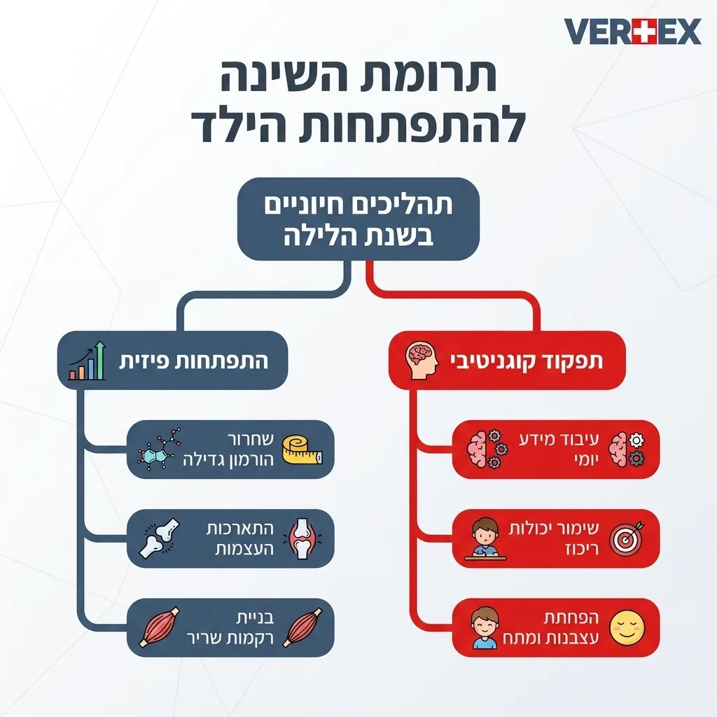 אינפוגרפיקה — תרומת השינה להתפתחות הילד: תהליכים חיוניים בשנת הלילה