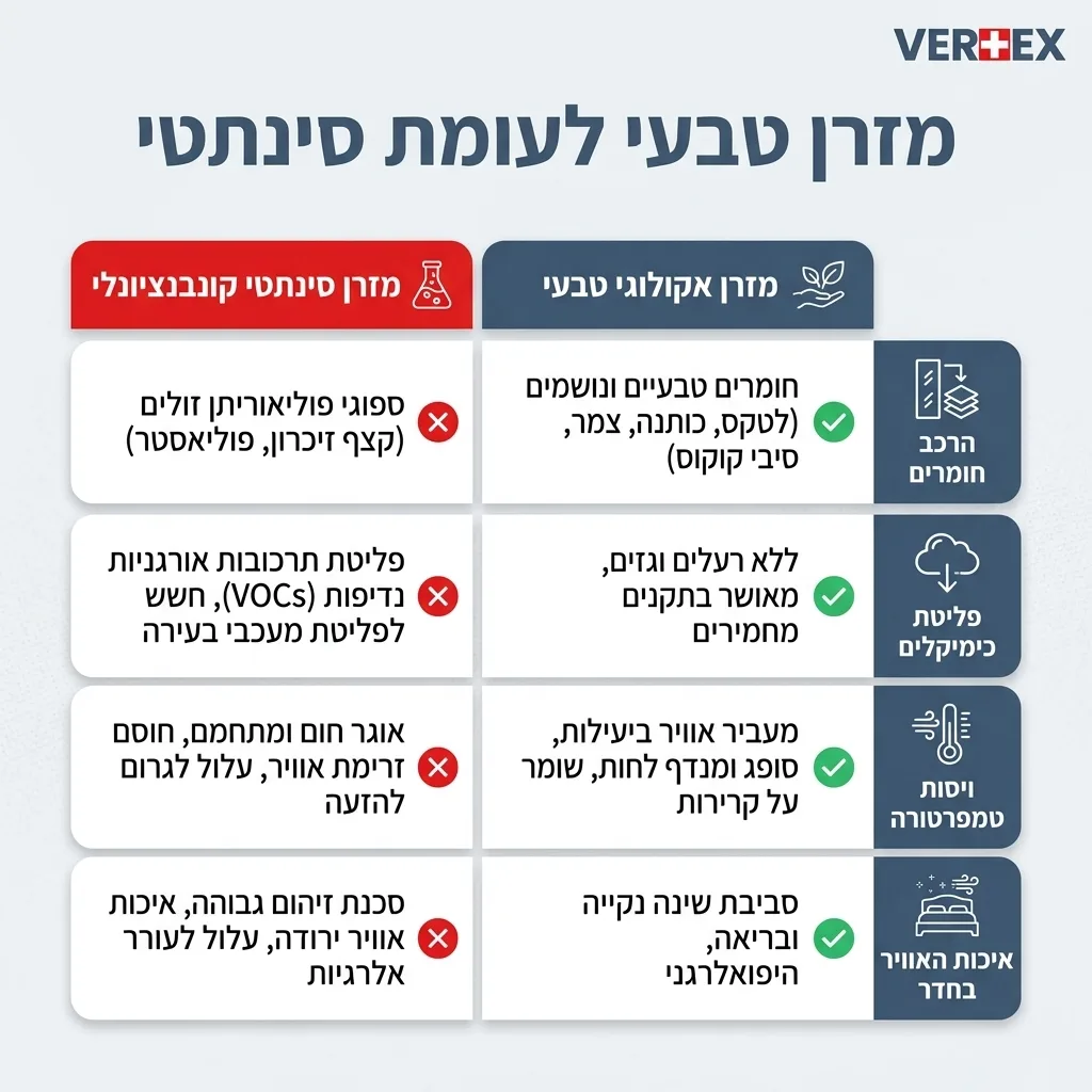 אינפוגרפיקה — מזרן טבעי לעומת סינתטי: השוואה בין מזרן אקולוגי טבעי, מזרן סינתטי קונבנציונלי
