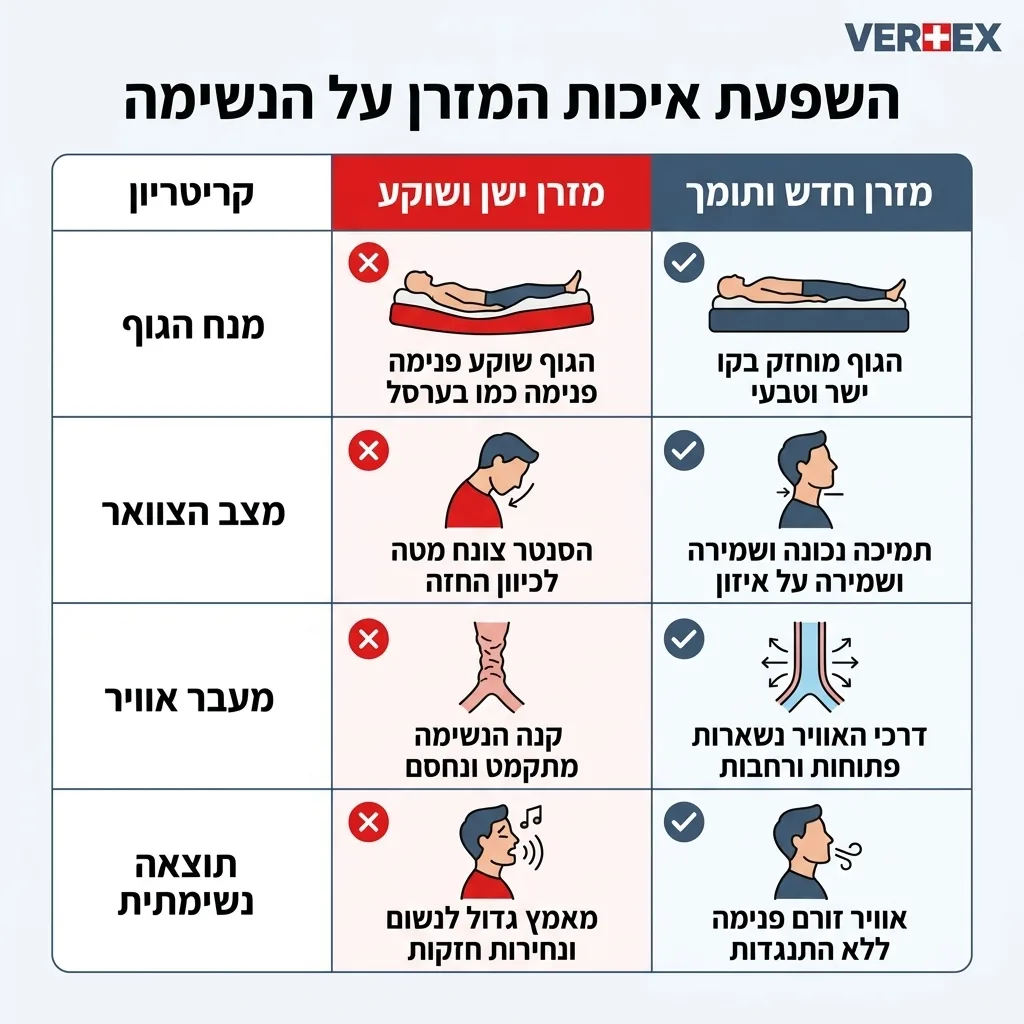 אינפוגרפיקה — השפעת איכות המזרן על הנשימה: השוואה בין מזרן ישן ושוקע, מזרן חדש ותומך