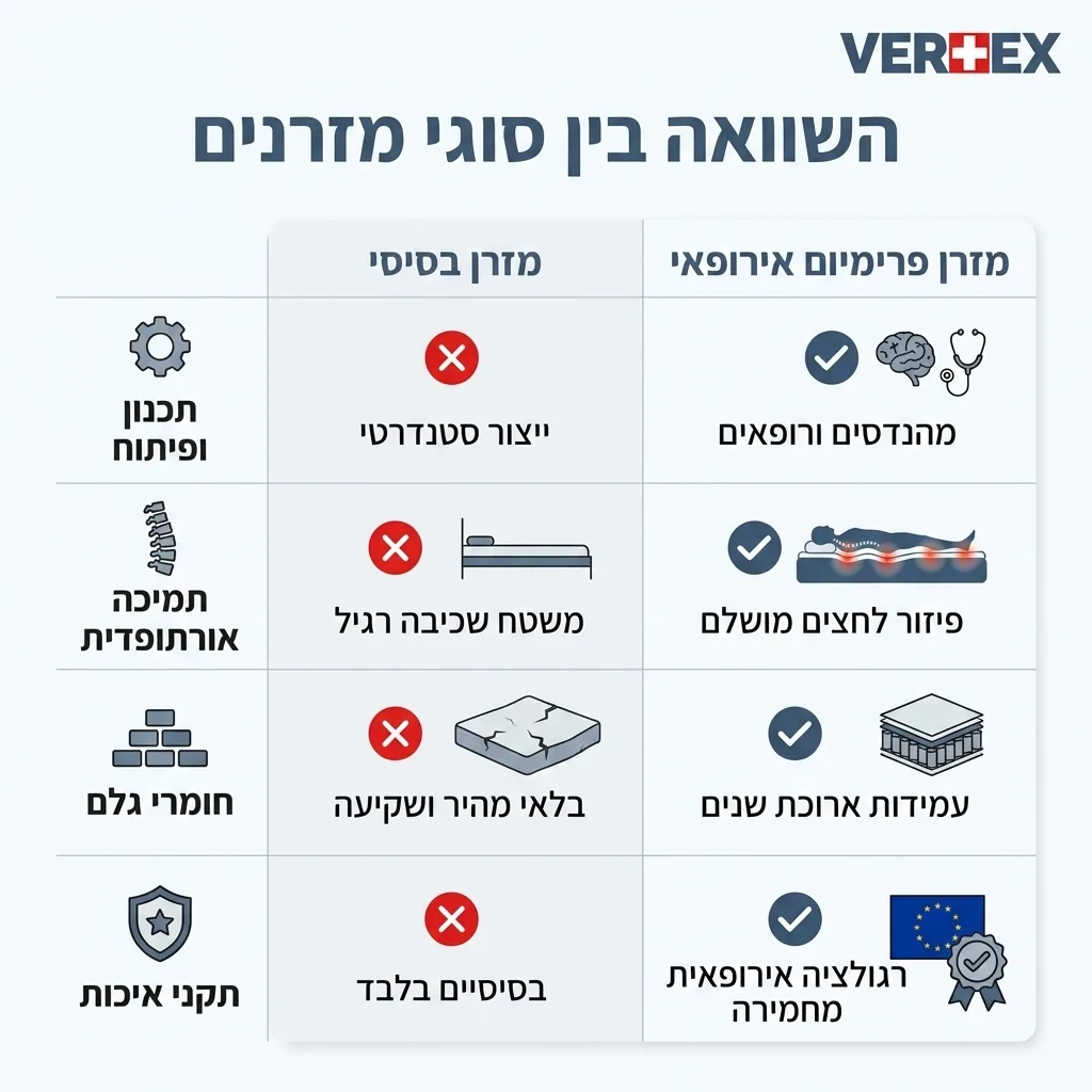 אינפוגרפיקה — השוואה בין סוגי מזרנים: השוואה בין מזרן בסיסי, פרימיום אירופאי