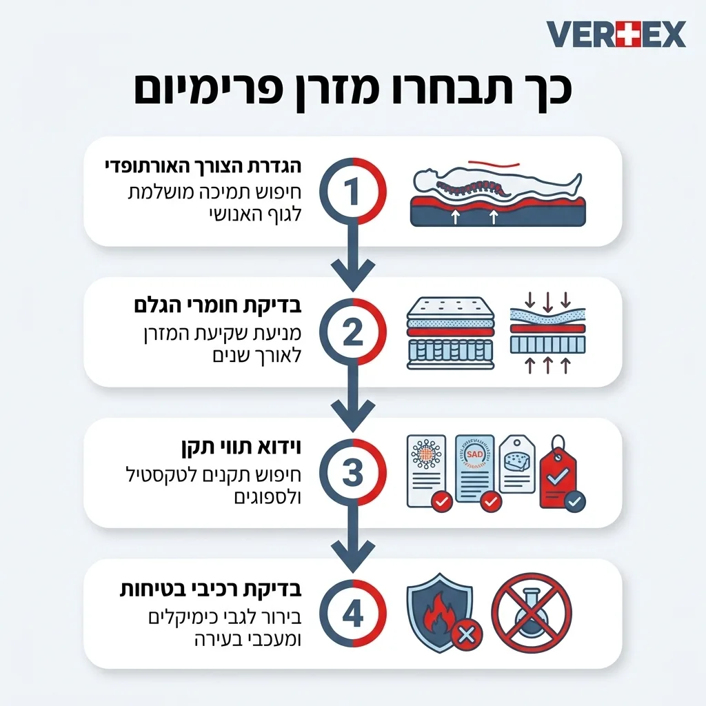 אינפוגרפיקה — כך תבחרו מזרן פרימיום: הגדרת הצורך האורתופדי, בדיקת חומרי הגלם, וידוא תווי תקן, בדיקת רכיבי בטיחות