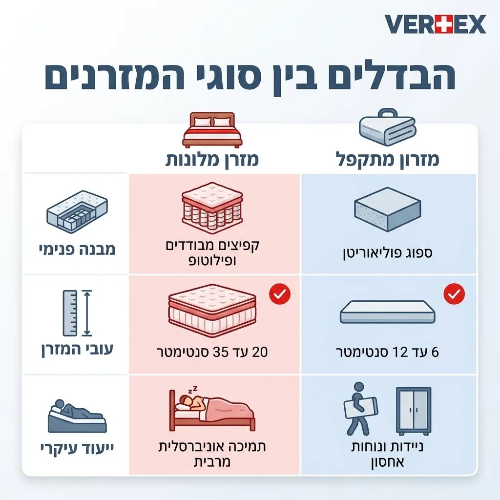 אינפוגרפיקה — הבדלים בין סוגי המזרנים: השוואה בין מזרון מתקפל, מזרן מלונות