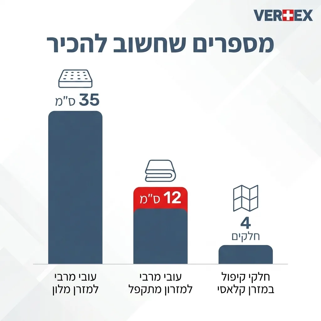 אינפוגרפיקה — מספרים שחשוב להכיר: עובי מרבי למזרן מלון, עובי מרבי למזרון מתקפל, חלקי קיפול במזרן קלאסי