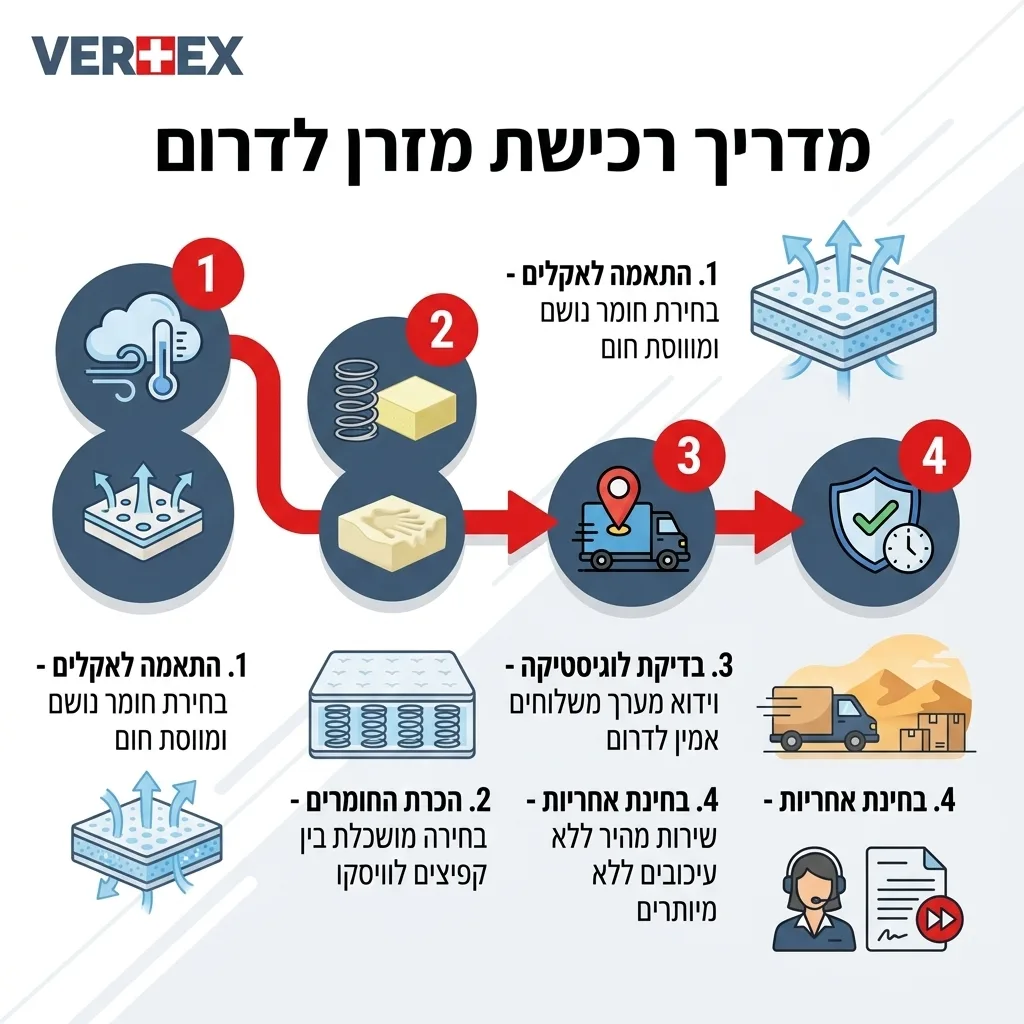 אינפוגרפיקה — מדריך רכישת מזרן לדרום: התאמה לאקלים, הכרת החומרים, בדיקת לוגיסטיקה, בחינת אחריות