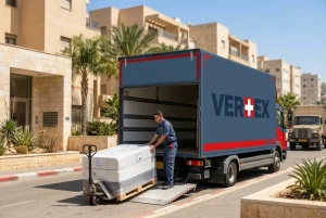 משאית חלוקה ממותגת פורקת מזרן חדש וארוז היטב על רקע נוף עירוני דרומי שטוף שמש.