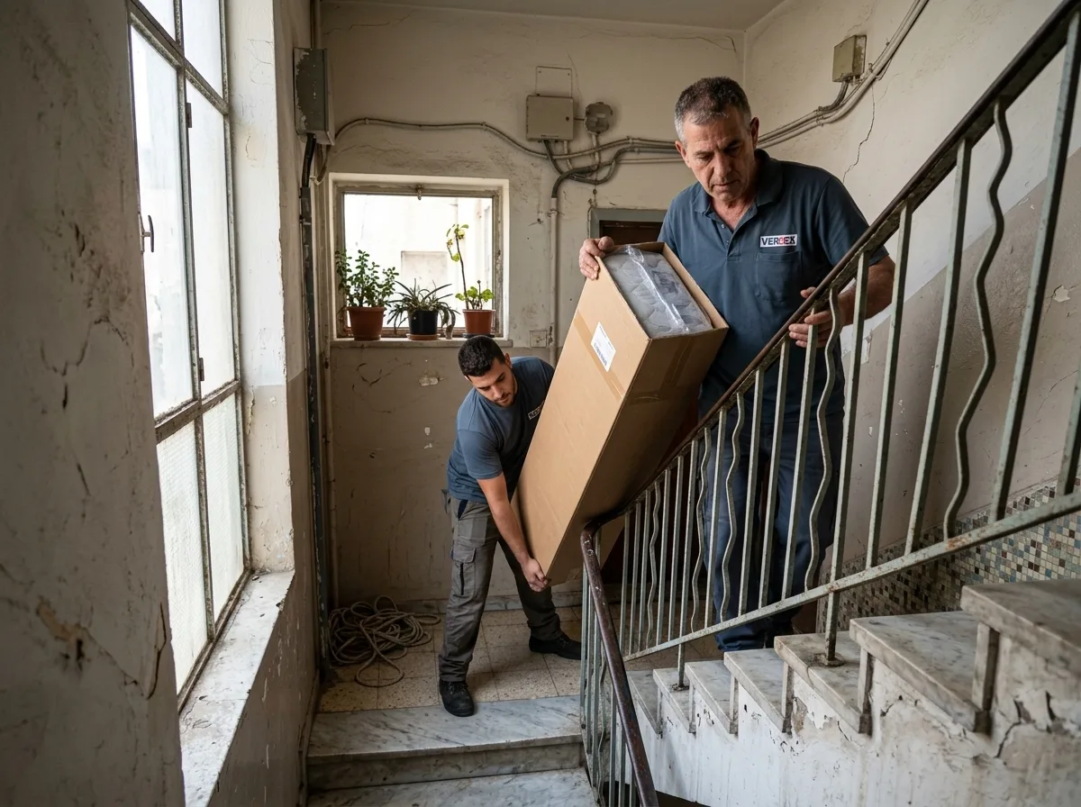 צילום מציאותי של מובילים עולים במדרגות צרות של בניין ישן בתל אביב כשהם סוחבים קרטון צר וארוך המכיל מזרן ארוז בוואקום, תאורה טבעית מבחוץ