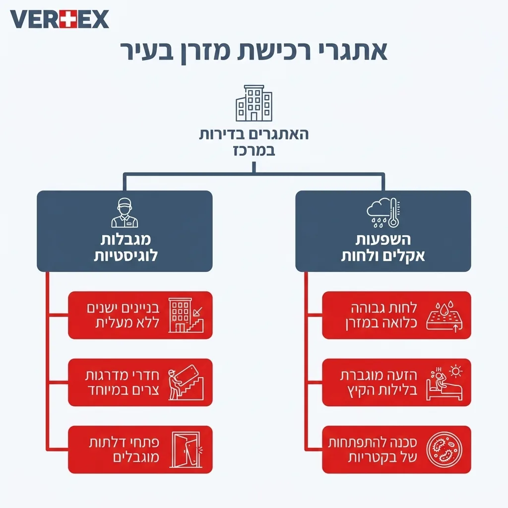 אינפוגרפיקה — אתגרי רכישת מזרן בעיר: האתגרים בדירות במרכז