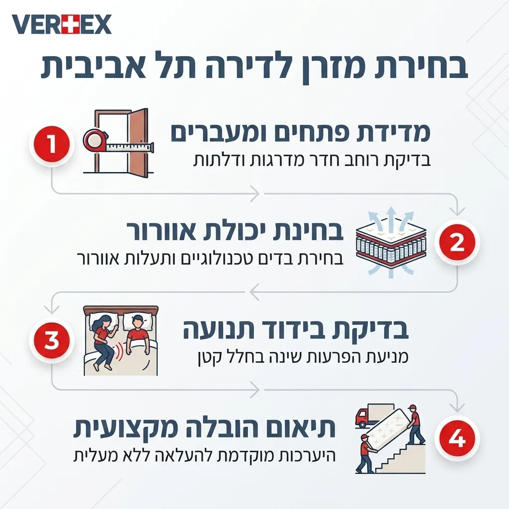 אינפוגרפיקה — בחירת מזרן לדירה תל אביבית: מדידת פתחים ומעברים, בחינת יכולת אוורור, בדיקת בידוד תנועה, תיאום הובלה מקצועית