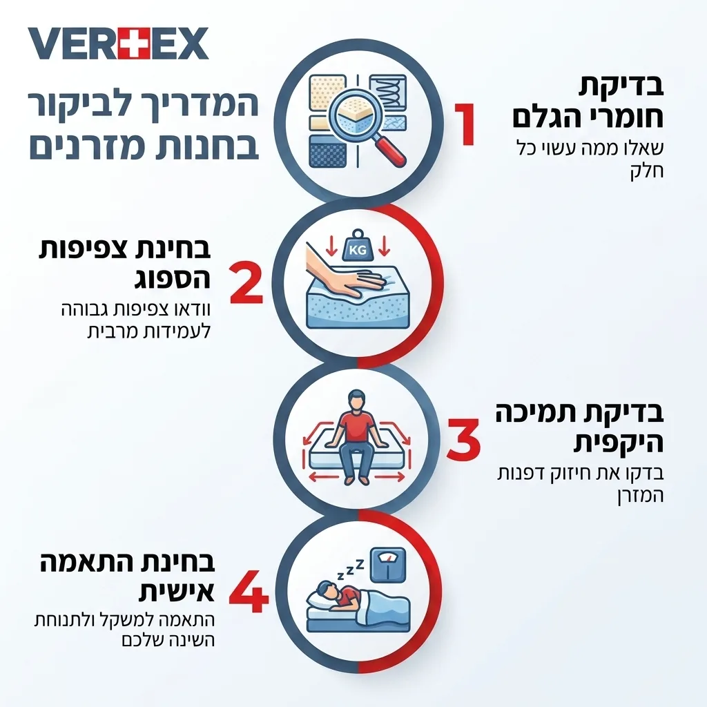 אינפוגרפיקה — המדריך לביקור בחנות מזרנים: בדיקת חומרי הגלם, בחינת צפיפות הספוג, בדיקת תמיכה היקפית, בחינת התאמה אישית