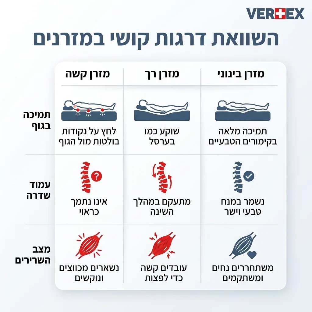 אינפוגרפיקה — השוואת דרגות קושי במזרנים: השוואה בין מזרן קשה, מזרן רך, מזרן בינוני