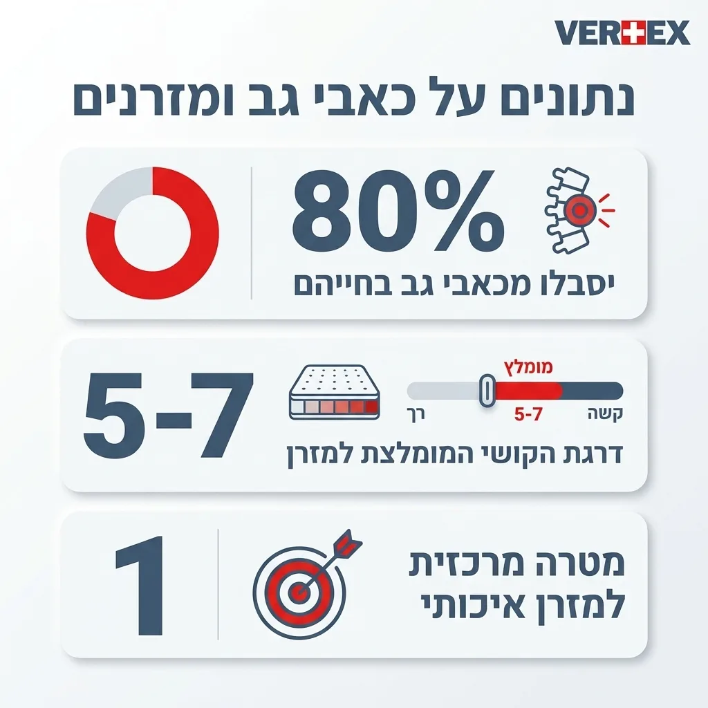 אינפוגרפיקה — נתונים על כאבי גב ומזרנים: יסבלו מכאבי גב בחייהם, דרגת הקושי המומלצת למזרן, מטרה מרכזית למזרן איכותי
