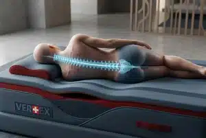 המחשה גרפית של עמוד שדרה מיושר באופן מושלם בזמן שכיבה על הצד על מזרן מתקדם.
