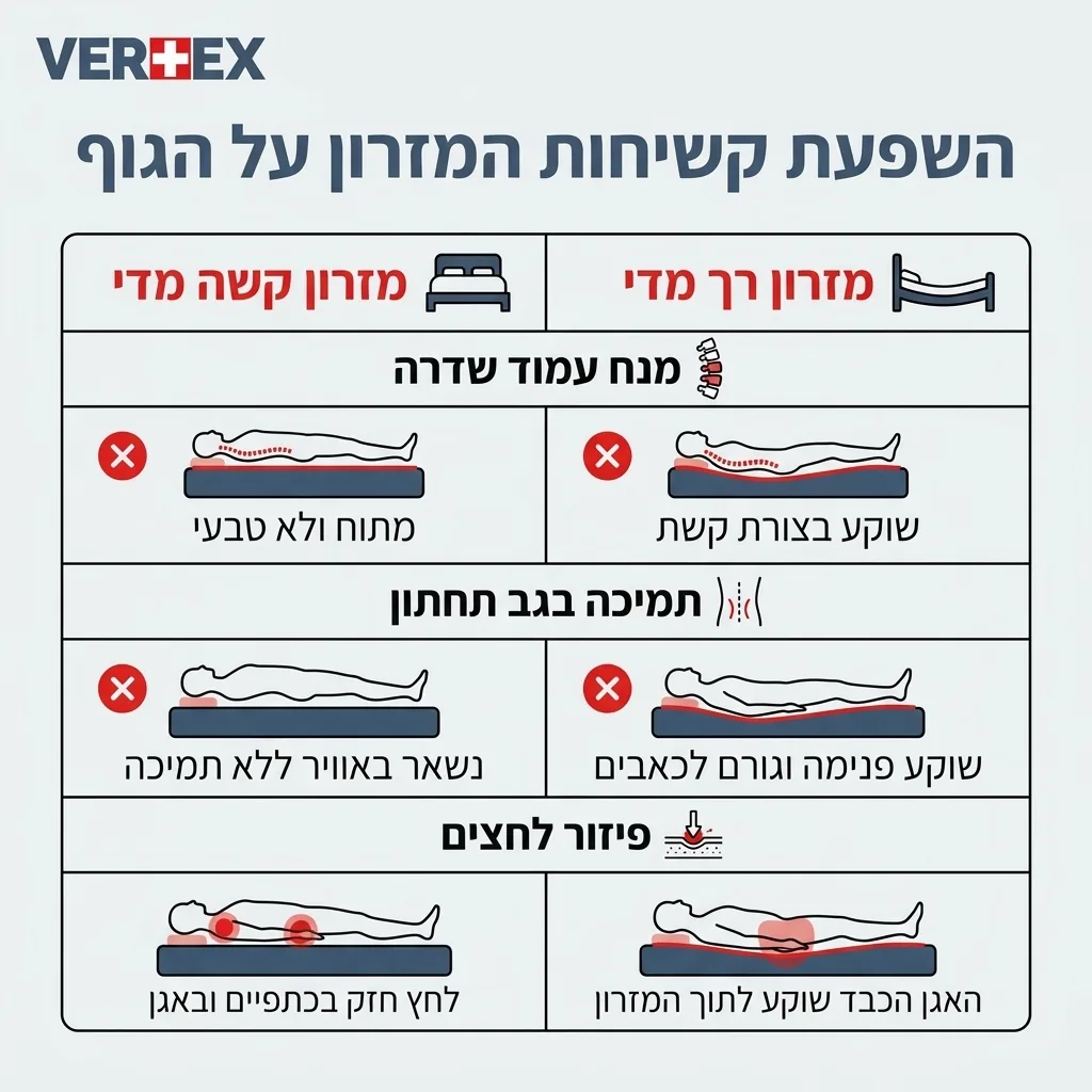 אינפוגרפיקה — השפעת קשיחות המזרון על הגוף: השוואה בין מזרון קשה מדי, מזרון רך מדי