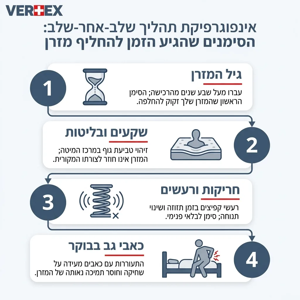 אינפוגרפיקה — הסימנים שהגיע הזמן להחליף מזרן: גיל המזרן, שקעים ובליטות, חריקות ורעשים, כאבי גב בבוקר