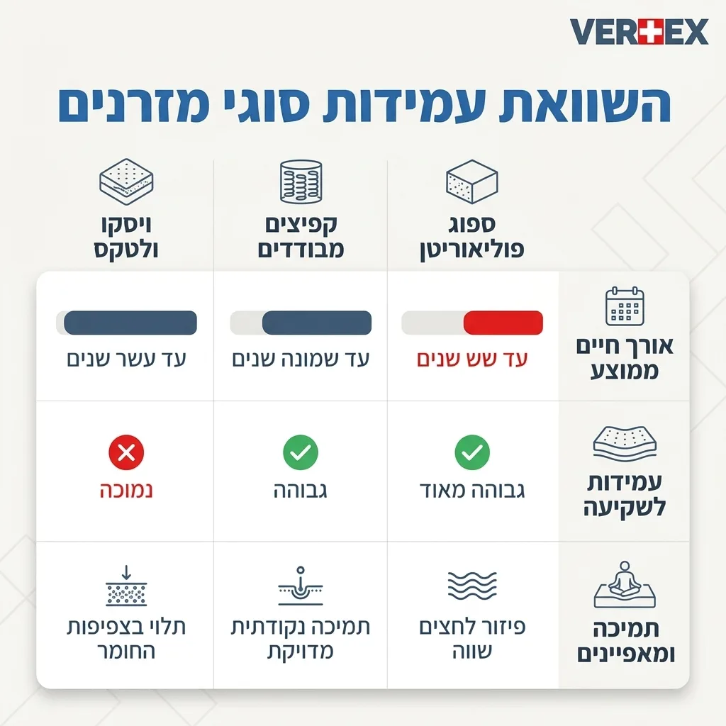 אינפוגרפיקה — השוואת עמידות סוגי מזרנים: השוואה בין ויסקו ולטקס, קפיצים מבודדים, ספוג פוליאוריטן