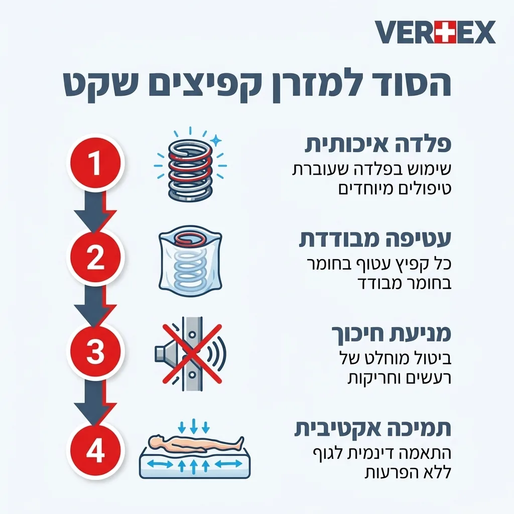 אינפוגרפיקה — הסוד למזרן קפיצים שקט: פלדה איכותית, עטיפה מבודדת, מניעת חיכוך, תמיכה אקטיבית
