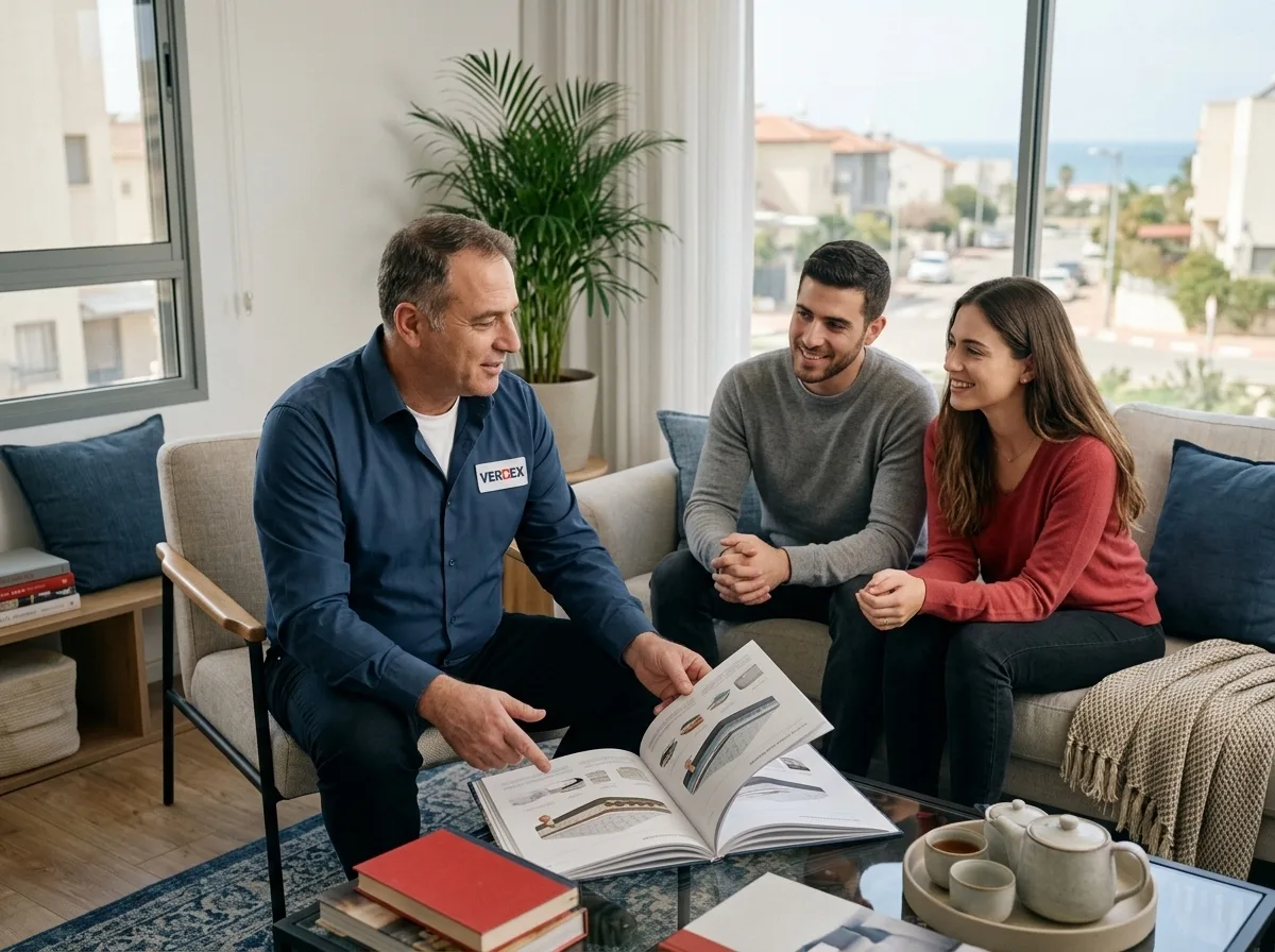 צילום מציאותי של יועץ שינה מקצועי לבוש בחולצה מכופתרת יושב בסלון ביתי באשדוד ומסביר לזוג צעיר על קטלוג מזרנים, אווירה נינוחה ובוטחת
