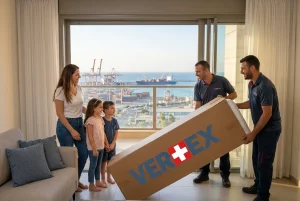 משפחה מקבלת מזרן חדש לדירתם בעיר אשדוד, ברקע נמל או ים להמחשת הלוקיישן.