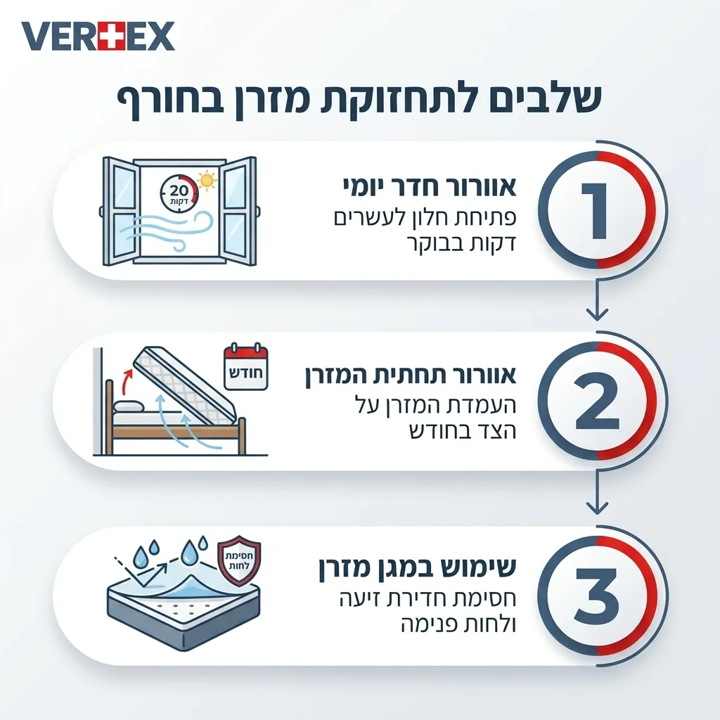 אינפוגרפיקה — שלבים לתחזוקת מזרן בחורף: אוורור חדר יומי, אוורור תחתית המזרן, שימוש במגן מזרן