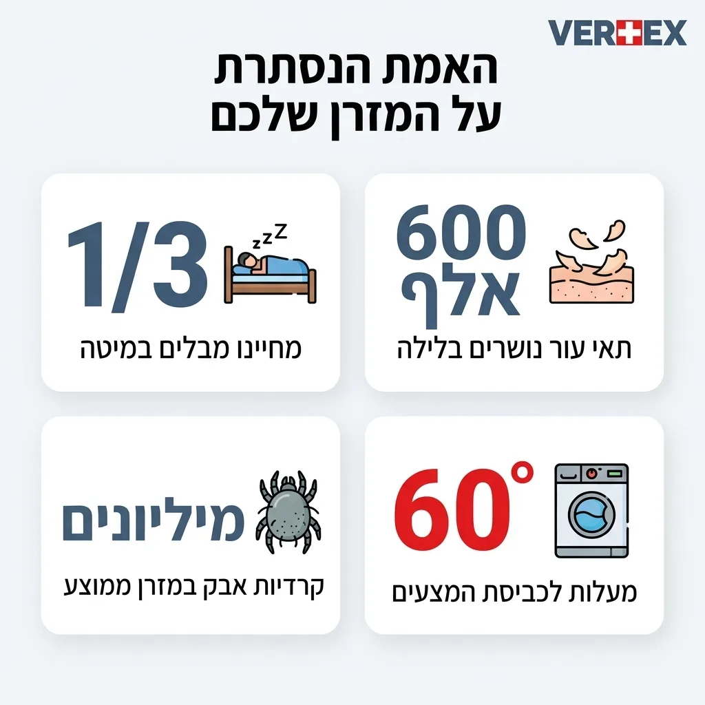 אינפוגרפיקה — האמת הנסתרת על המזרן שלכם: מהחיים שלנו מבלים במיטה, תאי עור נושרים בלילה, קרדיות אבק במזרן ממוצע, מעלות לכביסת