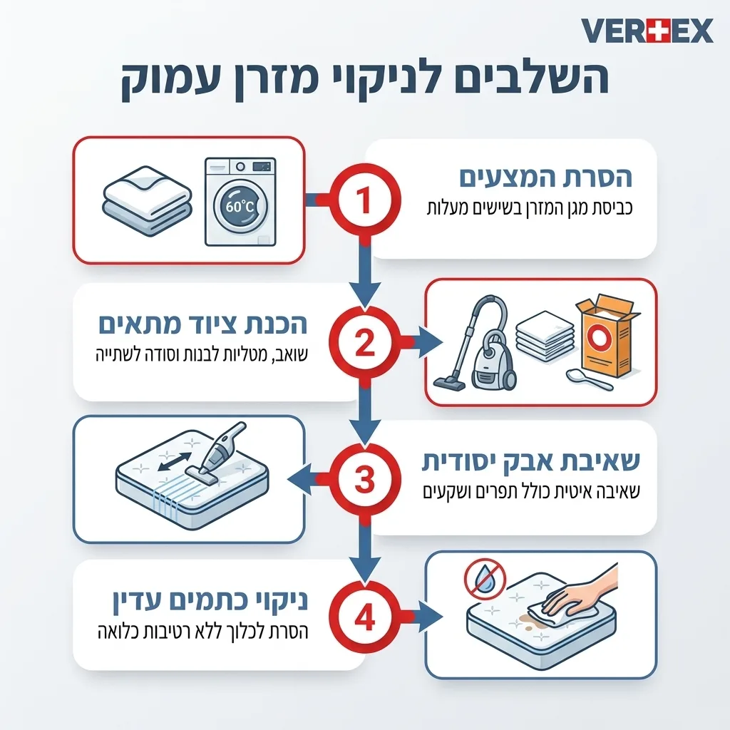 אינפוגרפיקה — השלבים לניקוי מזרן עמוק: הסרת המצעים, הכנת ציוד מתאים, שאיבת אבק יסודית, ניקוי כתמים עדין
