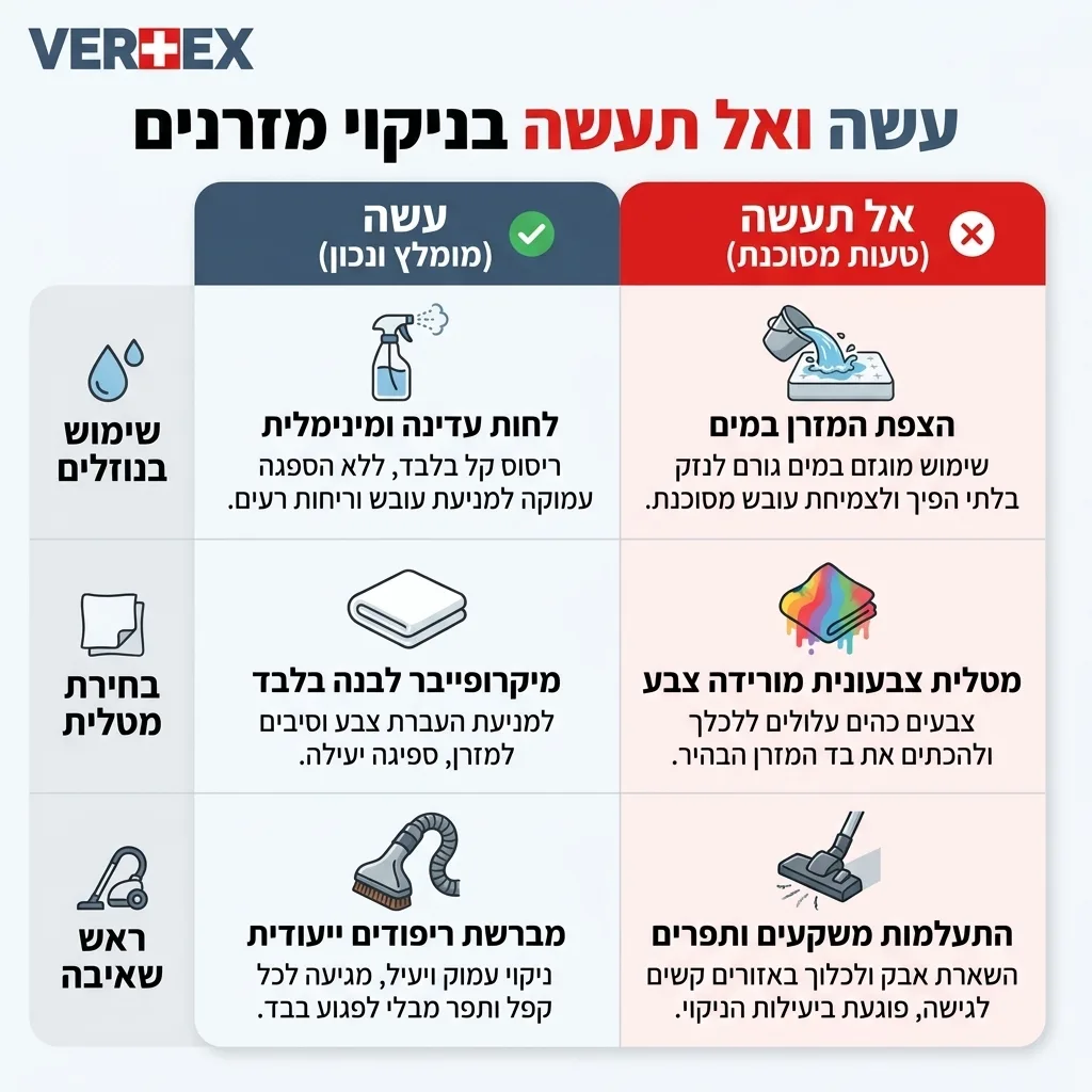 אינפוגרפיקה — עשה ואל תעשה בניקוי מזרנים: השוואה בין מומלץ ונכון, טעות מסוכנת